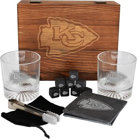 The Memory Company Licensed NFL Wood Boxed Drinkware Gift Set - Includes 2 Premium Rock Glasses, Cooling Cubes, Tongs, and Coasters, Las Vegas Raiders in Kuwait