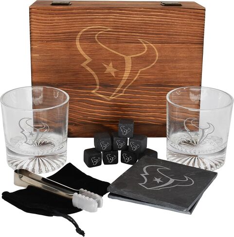 The Memory Company Licensed NFL Wood Boxed Drinkware Gift Set - Includes 2 Premium Rock Glasses, Cooling Cubes, Tongs, and Coasters, Las Vegas Raiders in Kuwait