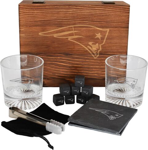 The Memory Company Licensed NFL Wood Boxed Drinkware Gift Set - Includes 2 Premium Rock Glasses, Cooling Cubes, Tongs, and Coasters, Las Vegas Raiders in Kuwait