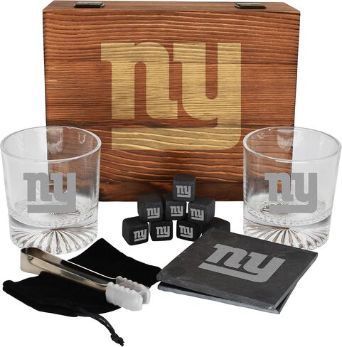 The Memory Company Licensed NFL Wood Boxed Drinkware Gift Set - Includes 2 Premium Rock Glasses, Cooling Cubes, Tongs, and Coasters, Las Vegas Raiders in Kuwait