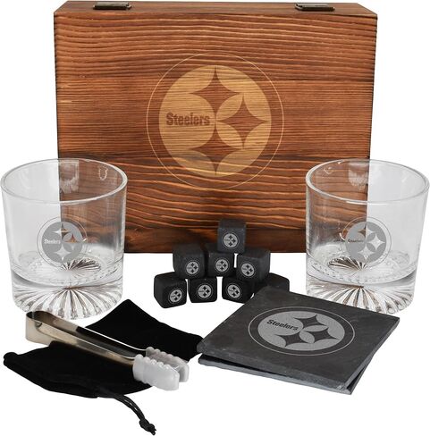 The Memory Company Licensed NFL Wood Boxed Drinkware Gift Set - Includes 2 Premium Rock Glasses, Cooling Cubes, Tongs, and Coasters, Las Vegas Raiders in Kuwait