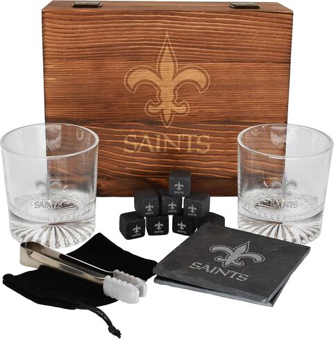 The Memory Company Licensed NFL Wood Boxed Drinkware Gift Set - Includes 2 Premium Rock Glasses, Cooling Cubes, Tongs, and Coasters, Las Vegas Raiders in Kuwait