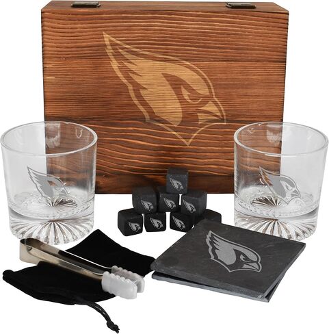 مجموعة هدايا Drintware ذات الخشب المرخصة لـ NFL Wood -Wood - تشمل نظارات صخرية متميزة ومكعبات تبريد وملقط وذاتف ، Las Vegas Raiders in Saudi Arabia