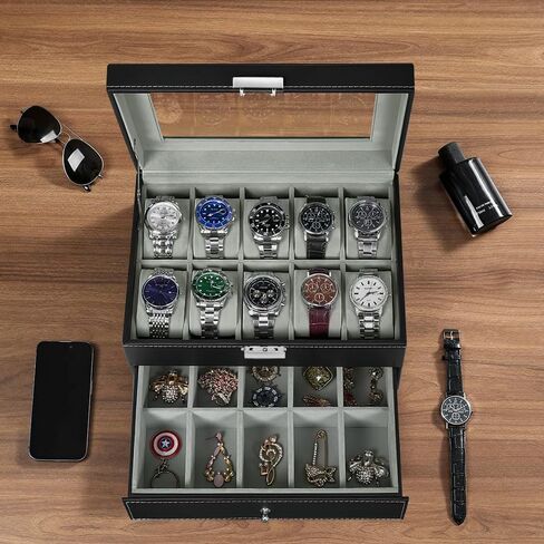 J&T Technology Watch Box for Men,3 Slot Mens Watch Case,Watch Holder Organizer with Glass Lid,Removable Watch Pillows,Watch Display Case, Ideal Gift(Brown, 3 Slot) in Saudi Arabia