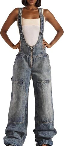 LAJIOJIO Denim Overalls for Women Casual Wide Leg Pants Baggy Jean Vintage Jumpsuit with Pockets in Kuwait
