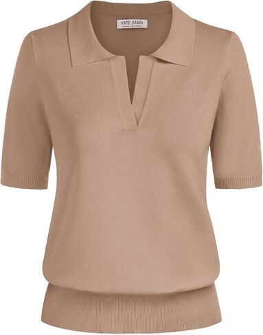 Kate Kasin Women Short Sleeve Polo Sweater V Neck Knitted Tops Casual Ribbed Shirt Loose Pullover Sweater in Kuwait