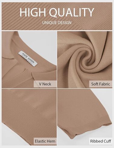 Kate Kasin Women Short Sleeve Polo Sweater V Neck Knitted Tops Casual Ribbed Shirt Loose Pullover Sweater in Kuwait