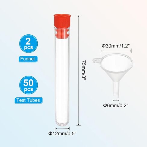 PATIKIL Test Tubes Set, 50Pcs 150x15mm Plastic Clear Round Bottom Test Tube Containers with Stopper and Funnel for Bead Party Candy Bath Salt Storage Scientific Experiment Prop, Red in Saudi Arabia