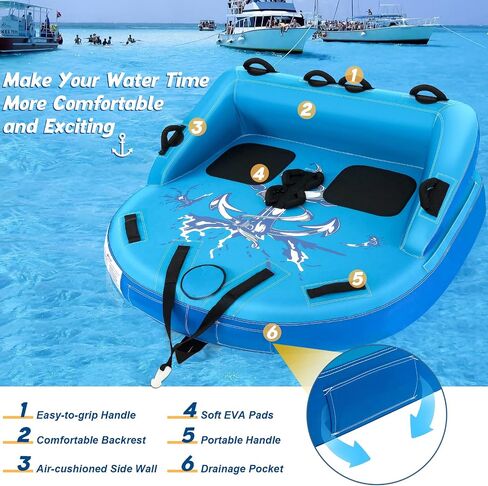 Goplus Inflatable Towable Tubes for Boating, 1-2/1-3 Riders Water Sports Tube for Boat to Pull, Sofa Style Boat Tube with Drainage, Dual Front and Back Tow Points in Kuwait