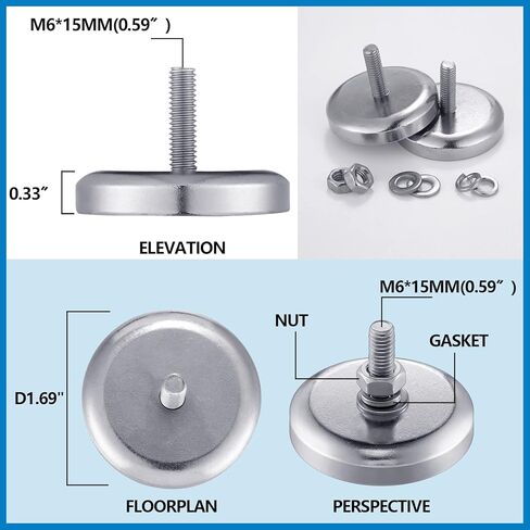 Flutesan 8 Pack Neodymium Round Magnet Heavy Duty with 1/4''-20 Male Threaded Stud 150 lb Powerful Magnet Base with Nut and Washer Mounting for Lighting Camera and Outdoor Tools(8 Pieces) in Saudi Arabia