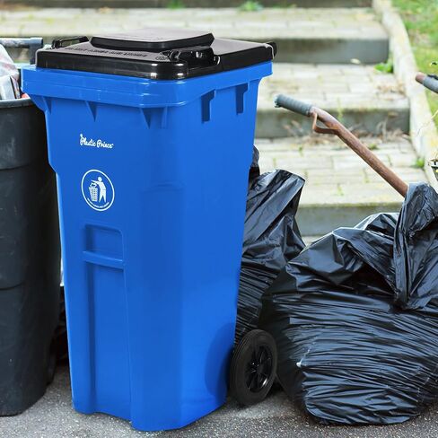 32 Gallon Recycling Rollout Trash Can with Lid, Commercial Heavy-Duty Wheeled Outdoor Garbage Can, Blue in Kuwait