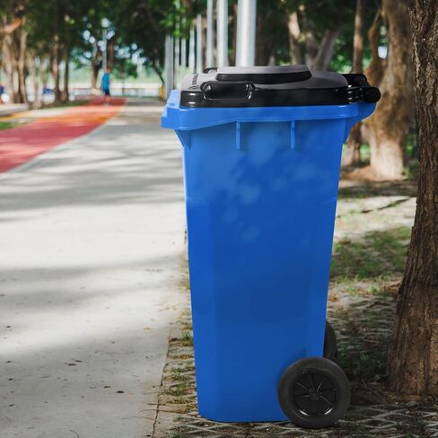 32 Gallon Recycling Rollout Trash Can with Lid, Commercial Heavy-Duty Wheeled Outdoor Garbage Can, Blue in Kuwait