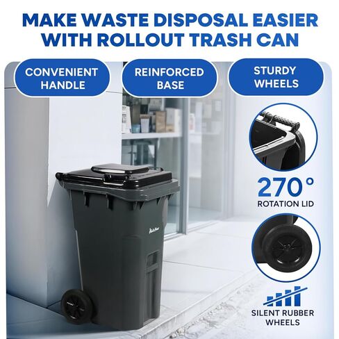 32 Gallon Recycling Rollout Trash Can with Lid, Commercial Heavy-Duty Wheeled Outdoor Garbage Can, Blue in Kuwait