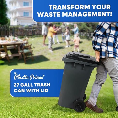 32 Gallon Recycling Rollout Trash Can with Lid, Commercial Heavy-Duty Wheeled Outdoor Garbage Can, Blue in Kuwait