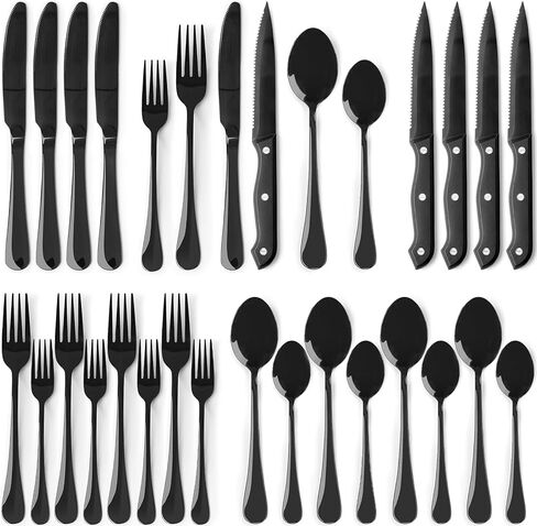 مجموعة من الأدوات الفضية السوداء على مدار 24 قطعة مع مجموعة مسطحات سكاكين شرائح اللحم ل 4 أدوات أدوات أدوات أدوات مصقول من الفولاذ المقاوم للصدأ من فئة الطعام in Kuwait