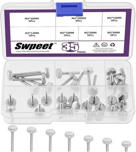 SWPEET 35PCS 7 أحجام M5 × 8/10/12/16/20/20/25/30 مم طلاء براغي الإبهام المطلي بالنيكل ، مسامير إبهام الرأس المسطحة ، مسامير ملولبة بالكامل ، مسامير كمبيوتر مشددة يدويًا براغي in Saudi Arabia