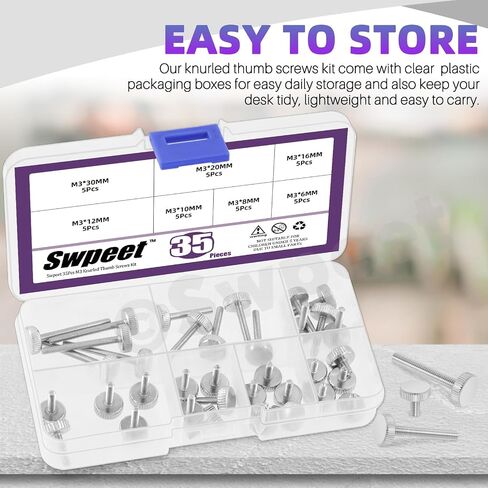 SWPEET 35PCS 7 أحجام M5 × 8/10/12/16/20/20/25/30 مم طلاء براغي الإبهام المطلي بالنيكل ، مسامير إبهام الرأس المسطحة ، مسامير ملولبة بالكامل ، مسامير كمبيوتر مشددة يدويًا براغي in Saudi Arabia