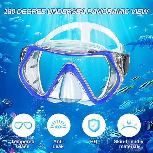 مجموعة الغطس البالغة -طقم الغطس ، قناع الغوص المضاد للتسرب والغطس الجاف ، قناع Scuba بانورامي 180 درجة مع عدسة زجاجية مقسمة للغوص ، الغطس ، السباحة (الأزرق) in Saudi Arabia