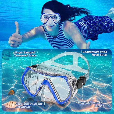 مجموعة الغطس البالغة -طقم الغطس ، قناع الغوص المضاد للتسرب والغطس الجاف ، قناع Scuba بانورامي 180 درجة مع عدسة زجاجية مقسمة للغوص ، الغطس ، السباحة (الأزرق) in Saudi Arabia