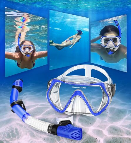 مجموعة الغطس البالغة -طقم الغطس ، قناع الغوص المضاد للتسرب والغطس الجاف ، قناع Scuba بانورامي 180 درجة مع عدسة زجاجية مقسمة للغوص ، الغطس ، السباحة (الأزرق) in Saudi Arabia