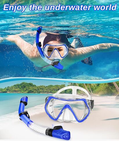 مجموعة الغطس البالغة -طقم الغطس ، قناع الغوص المضاد للتسرب والغطس الجاف ، قناع Scuba بانورامي 180 درجة مع عدسة زجاجية مقسمة للغوص ، الغطس ، السباحة (الأزرق) in Saudi Arabia