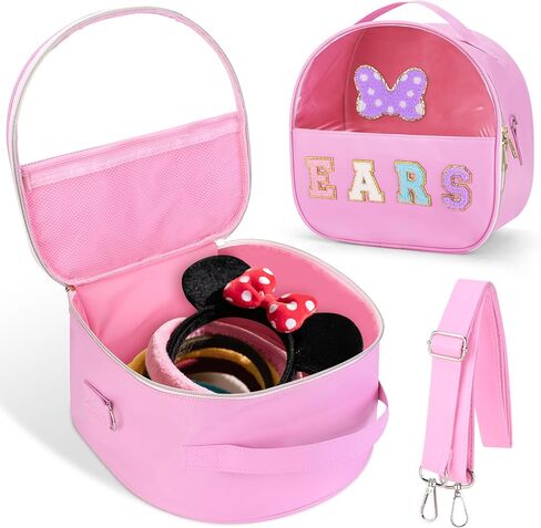 Chenille Letter Bow Mouse Ears Travel Case, Headband Ears Holder Tiara Hair Accessories Organizer Bag with Shoulder Strap for Girls Women Kids Adults, Large Makeup Snack Bag for Travel Picnic Park in Kuwait