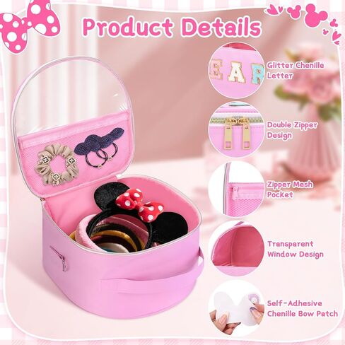 Chenille Letter Bow Mouse Ears Travel Case, Headband Ears Holder Tiara Hair Accessories Organizer Bag with Shoulder Strap for Girls Women Kids Adults, Large Makeup Snack Bag for Travel Picnic Park in Kuwait