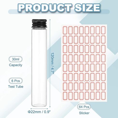 أنابيب اختبار Patikil 30mL مع أغطية ، 6pcs 22x120mm زجاجية واضحة مسطحة القاع الحاويات مع غطاء بلاستيكي لحفل حزب الحفلات حلوى تخزين الملح التجربة العلمية (أسود) in Saudi Arabia