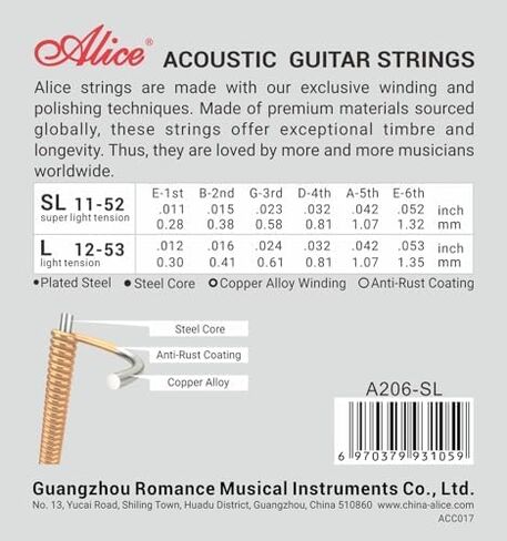 Alice Acoustic Guitar Strings Set - 6-String for Beginner, Briliant Steel Copper Alloy in Phosphor Bronze Color, 1 Pack (A206 Super Light) in Saudi Arabia