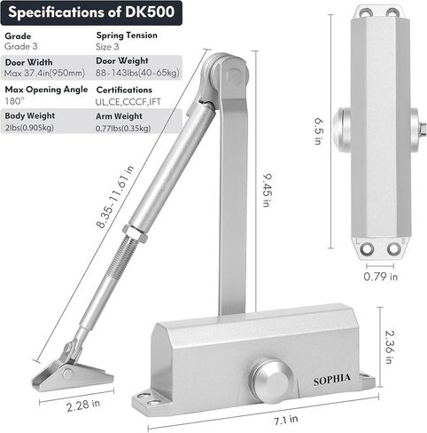 SOPHIA Automatic Door Closer with Hold Open, Door Closer for Home Size 3 DK500, 3H Fire-Rated Hydraulic Door Closers Commercial & Life Size Fitting Template, UL Listed, ANSI Grade 3, Silver in Saudi Arabia