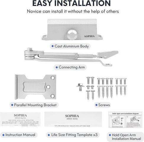 SOPHIA Automatic Door Closer with Hold Open, Door Closer for Home Size 3 DK500, 3H Fire-Rated Hydraulic Door Closers Commercial & Life Size Fitting Template, UL Listed, ANSI Grade 3, Silver in Saudi Arabia