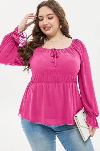 Alvaq Womens Plus Size Tops Tie Brand Square Movid Square Long Long Lency Cholect Shulk Peplum hem Shirt in Kuwait
