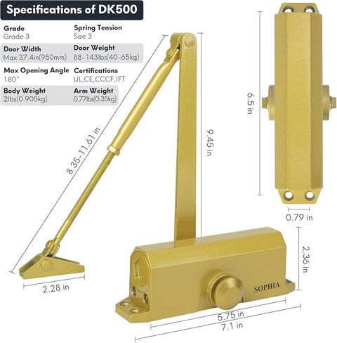 SOPHIA Automatic Door Closer with Hold Open, Door Closer for Home Size 3 DK500, 3H Fire-Rated Hydraulic Door Closers Commercial & Life Size Fitting Template, UL Listed, ANSI Grade 3, Silver in Saudi Arabia