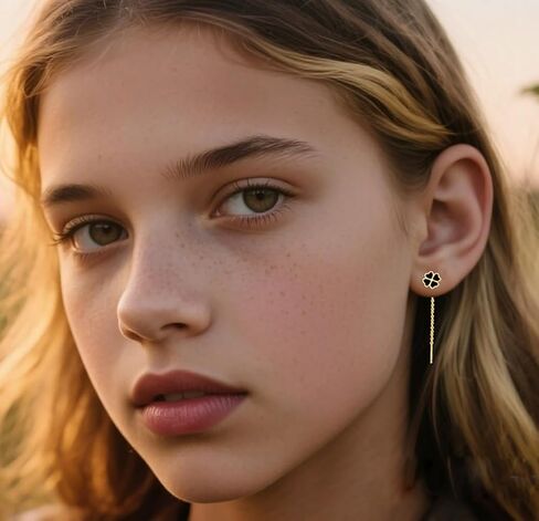 Reffeer Solid 925 Sterling Silver Leaf Clover Dangle Earrings Chain for Women Teen Girls Black Leaf Tassel Drop Earrings Threader in Saudi Arabia
