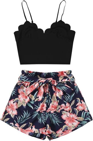 LYANER Women's 2 Piece Outfits Strappy Cami Crop Top and Tropical Shorts with Belt Set Navy Blue Medium in Saudi Arabia