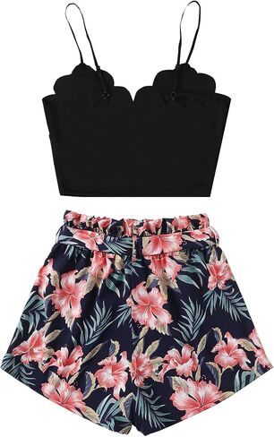 LYANER Women's 2 Piece Outfits Strappy Cami Crop Top and Tropical Shorts with Belt Set Navy Blue Medium in Saudi Arabia