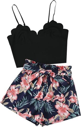LYANER Women's 2 Piece Outfits Strappy Cami Crop Top and Tropical Shorts with Belt Set Navy Blue Medium in Saudi Arabia