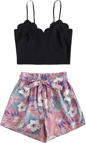 LYANER Women's 2 Piece Outfits Strappy Cami Crop Top and Tropical Shorts with Belt Set Navy Blue Medium in Saudi Arabia