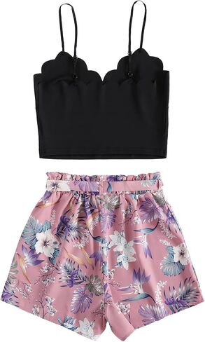 LYANER Women's 2 Piece Outfits Strappy Cami Crop Top and Tropical Shorts with Belt Set Navy Blue Medium in Saudi Arabia