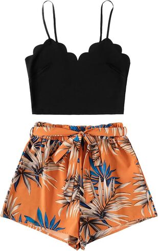 LYANER Women's 2 Piece Outfits Strappy Cami Crop Top and Tropical Shorts with Belt Set Navy Blue Medium in Saudi Arabia