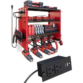4 Layers Power Tool Organizer Wall Mount with Power Strip, Heavy Duty Metal Shelf, 400lbs Capacity for Cordless Drills, Batteries & Garage Storage (4 Slots with 2 Outlets Power Strip) in Kuwait