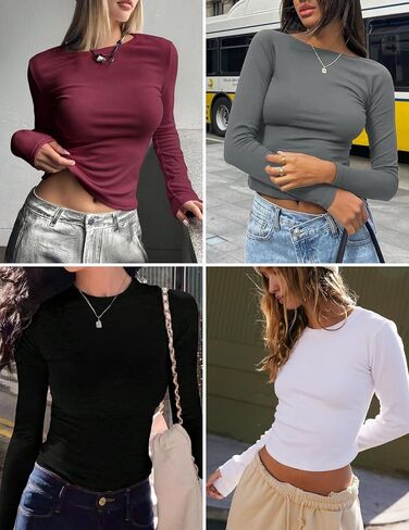 Ekouaer 3 Pack Women Long Sleeve Crew Neck Shirts Basic Thermal Tops Slim Fit Ruch Side Tees Going Out Layering Thirts XS-XXL in Saudi Arabia
