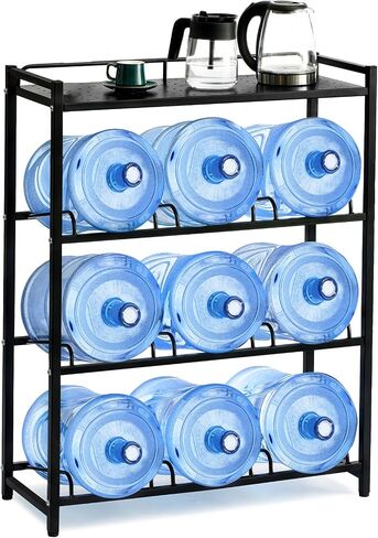5 Gallon Water Bottle Holder 6-Tray 3/5 Gallon Water Jug Rack with Top Shelf Heavy Duty Jug Stand for Kitchen, Office, Garage Black in Saudi Arabia