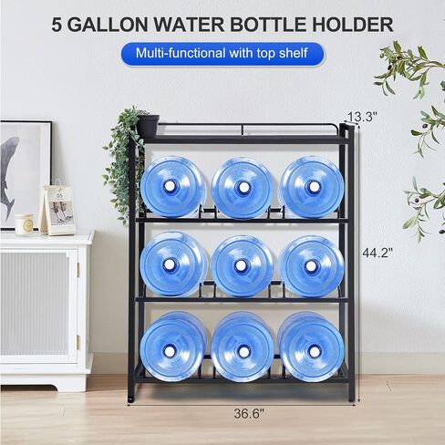 5 Gallon Water Bottle Holder 6-Tray 3/5 Gallon Water Jug Rack with Top Shelf Heavy Duty Jug Stand for Kitchen, Office, Garage Black in Saudi Arabia