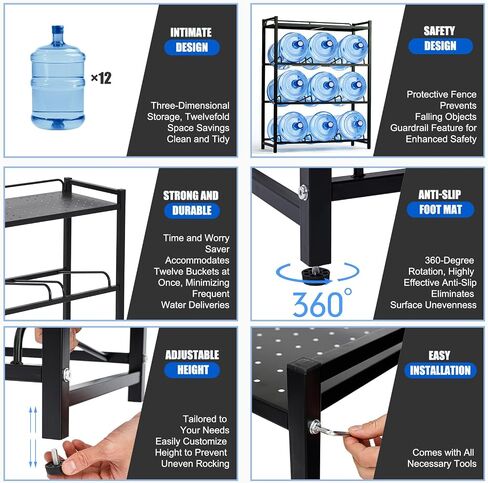 5 Gallon Water Bottle Holder 6-Tray 3/5 Gallon Water Jug Rack with Top Shelf Heavy Duty Jug Stand for Kitchen, Office, Garage Black in Saudi Arabia