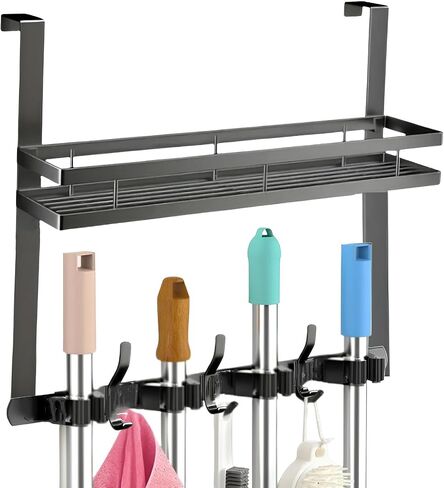 Broom Holder Over The Door Over Door Broom and Mop Rack Over The Door Hooks Organizer With4 Slots & 3 Hooks 1 Storage Basket For Laundry Room, Garage, Closet, Kitchen Decor (black) in Kuwait