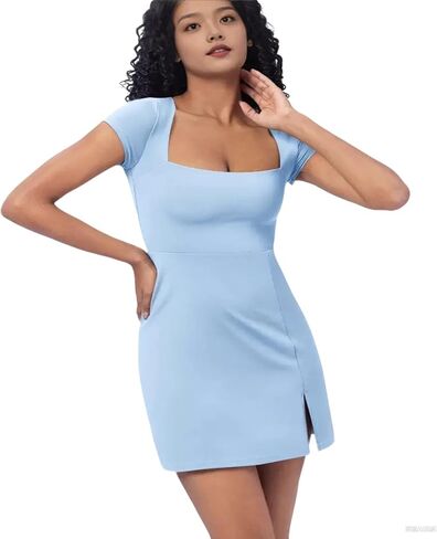 Women's Square Neck Tennis Dress with Short Sleeves. Features Built - in Shorts and Pockets, Suitable for Golf in Saudi Arabia
