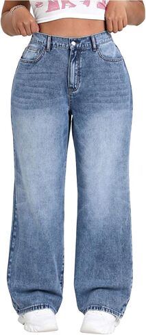 SOLY HUX Women's Plus Size High Waisted Denim Pants Straight Leg Casual Jeans in Saudi Arabia