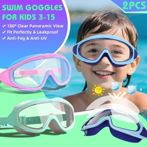 2 Pack Kids Swim Goggles for 3-15 - HD Children's Large Frame Anti-Fog Pool Swimming Goggles for Boys Girls Toddler in Saudi Arabia