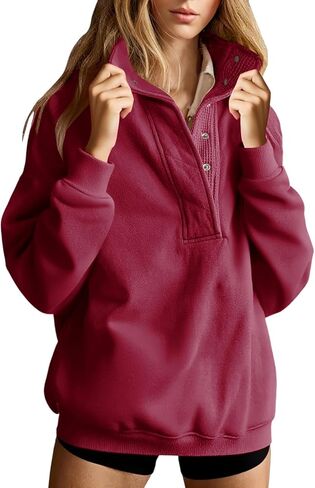 Womens Button Sweatshirt Fall Loose Fit Long Sleeve Sweatshirt Outdoor Athletic Solid Pullover Tops with Pockets in Saudi Arabia